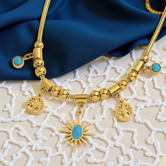 🆕18K Gold Plated Stainless Steel Turquoise Necklace Sun Tree Of Life Charms - Picture 1 of 15